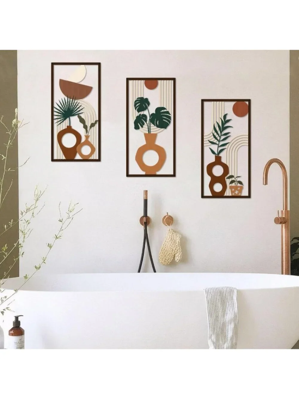 3 Pcs Boho Metal Wall Art Set - Mid Century Modern Plant Vase Decor, Tropical